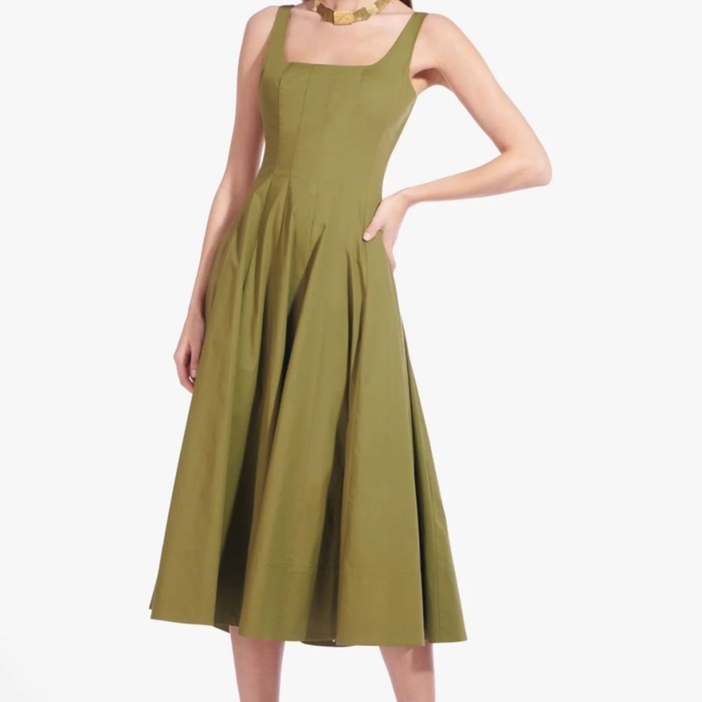 STAUD Olive Sleeveless Square-Neck Midi Dress